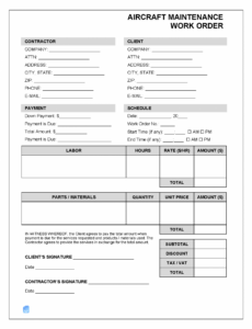 Free Printable Aircraft Maintenance Work Order Template Excel Example