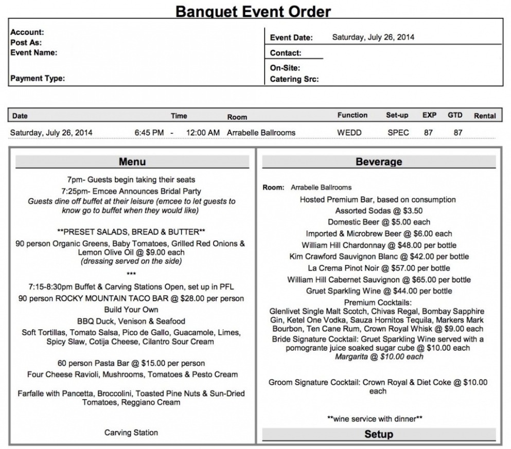 Editable Banquet Event Order Beo Template Word Sample
