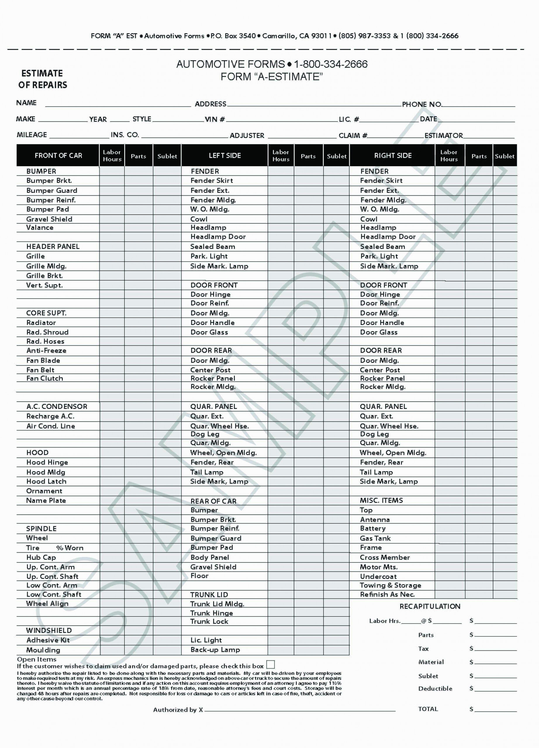Free Editable Auto Body Shop Work Order Template Pdf Sample