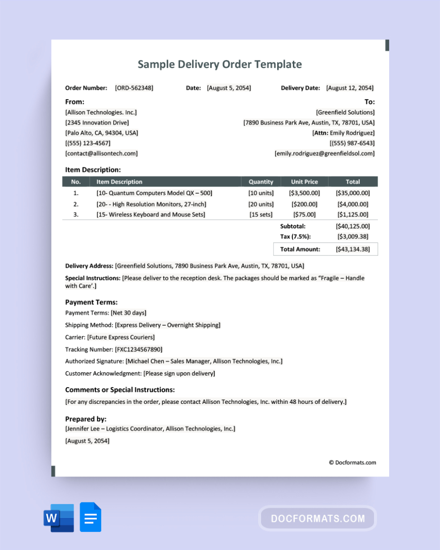 Free Custom Food Delivery Order Form Template Doc Example