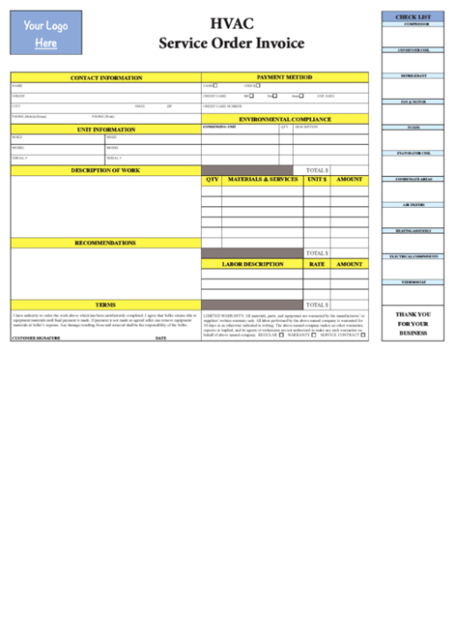 Printable Hvac Work Order Template Word Sample